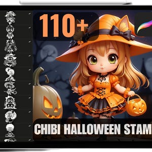 110 Procreate Chibi Character Halloween Themed Stamps, High Quality Chibi Stamps, Chibi Brushes, Commercial Use.