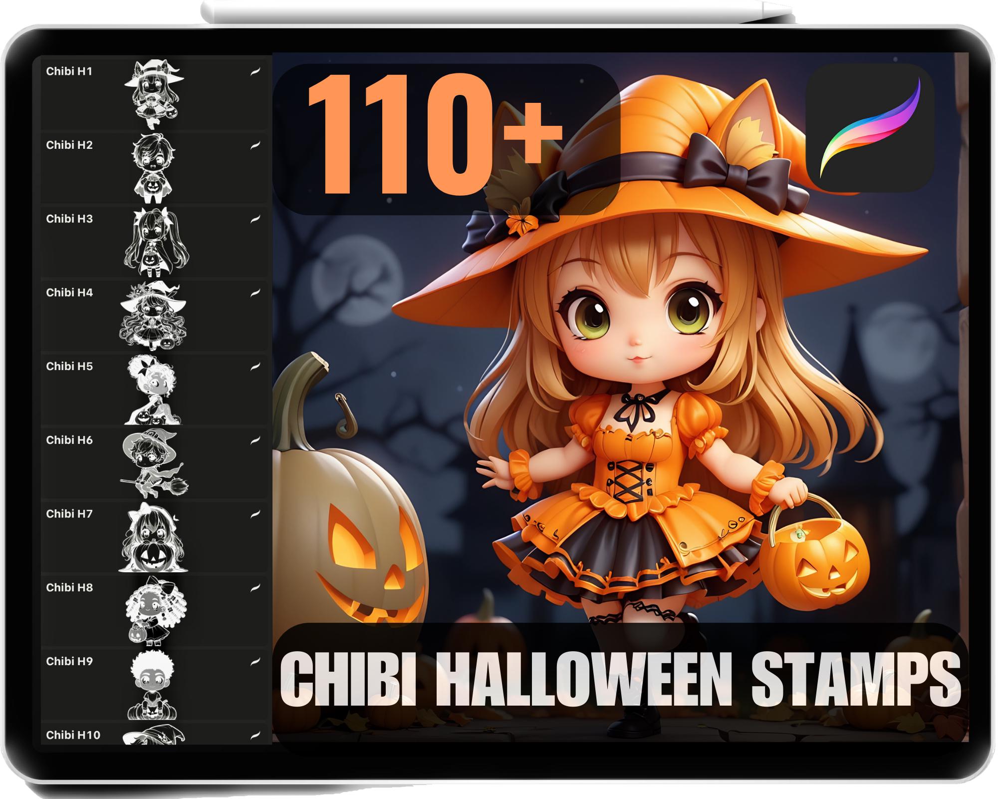 110+ Procreate Chibi Halloween Brushes & Stamps Set – Cute Anime Character Stamps for iPad, Commercial Use