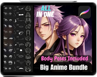 425 Procreate Anime Stamps Großes Bündel hochwertige männliche und weibliche Anime-Bürsten, Augen, Nasen, Münder, Haare und Körperposen, kommerzielle Nutzung