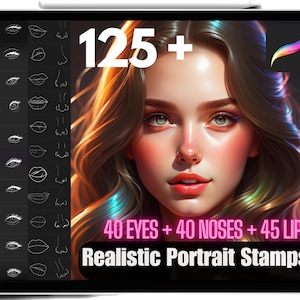 125+ Procreate-postzegels Bundel hoge kwaliteit Realistische digitale portretstempels Ogen, neuzen en lippen iPad Procreate Gemakkelijke penselen Commercieel gebruik