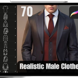 70 Procreate 男性用服スタンプ 高品質男性用リアル服ブラシ、スーツ、ジャケット、パーカー、ジーンズ、スポーツウェア、商用利用