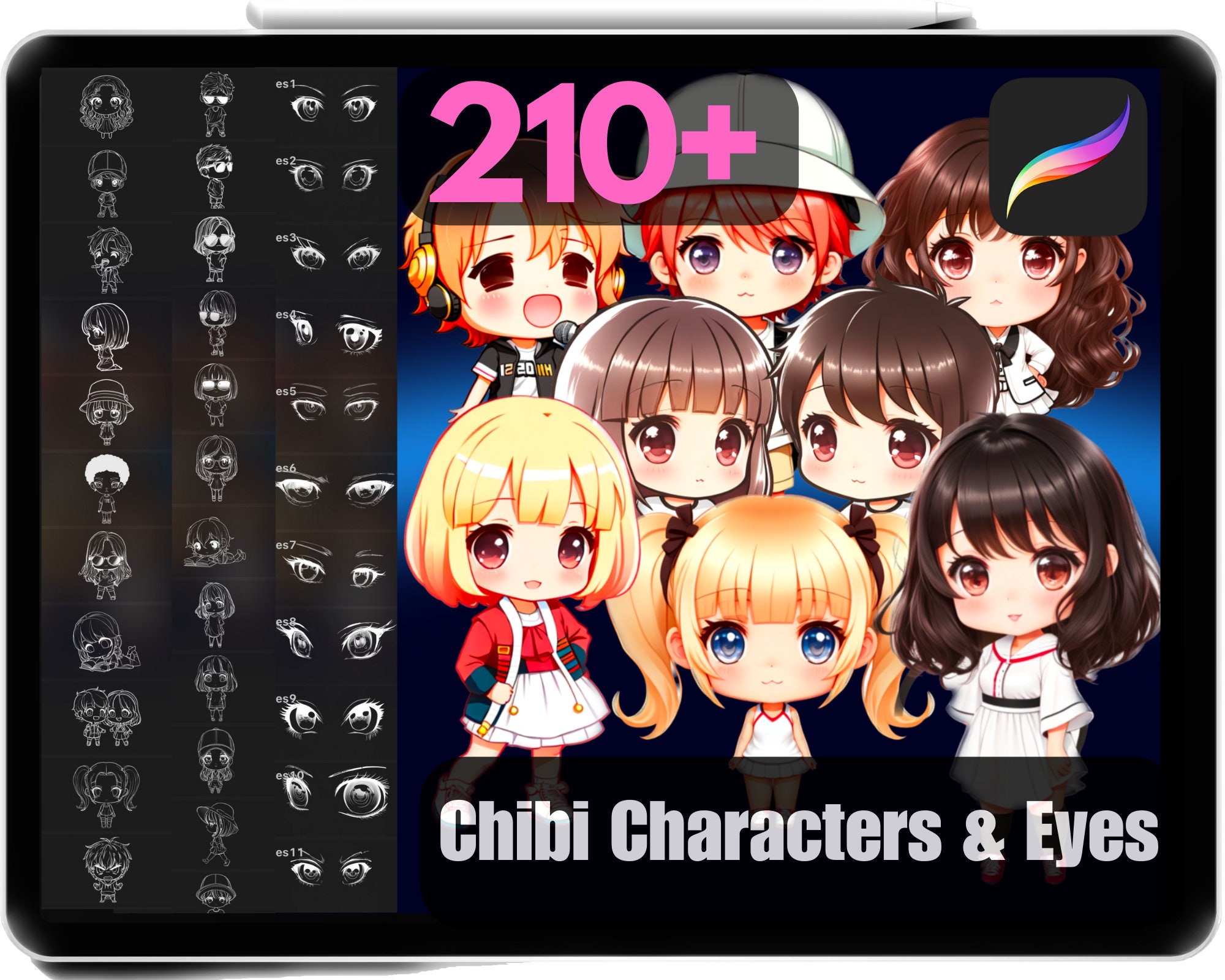 Paquete 210+ sellos de personajes chibi para Procreate y pinceles de ojos anime | Pinceles manga tiernos, listos para usar, licencia comercial