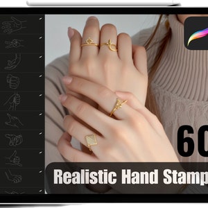 Puede incluir: La pantalla de una tableta digital muestra un conjunto de 60 sellos de mano realistas. La pantalla muestra la mano de una mujer con varios anillos de oro. El texto "60 Realistic Hand Stamps" se muestra en la pantalla.