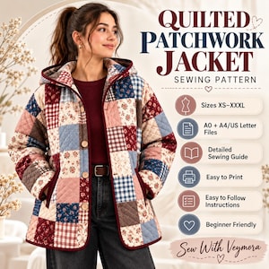 May include: A quilted patchwork jacket sewing pattern featuring a hooded design with a multi-colored square block print in shades of red, blue, and cream. The jacket has a button-front closure and dark red trim. Text includes Quilted Patchwork Jacket.