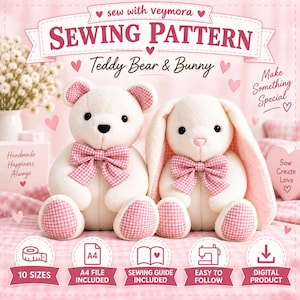 Peut inclure: Un patron de couture pour un ours en peluche et un lapin, avec des jouets en peluche crème ornés de nœuds et de coussinets à carreaux roses. L'image contient le texte : Sew with veymora, Sewing Pattern, Teddy Bear & Bunny, 10 Sizes.