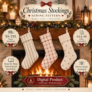May include: A digital sewing pattern for Christmas stockings featuring three examples: one with green stripes, one with a red plaid pattern, and one with grey stars. The image includes text labels for sizes, A4 and A0 files, instructions, and a photo guide.