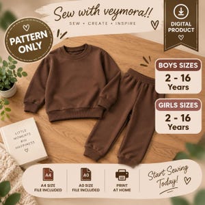 Peut inclure: Un ensemble composé d'un sweat-shirt marron à manches longues et col rond et d'un pantalon de jogging assorti. L'image contient le texte : Sew with veymora!!, PATTERN ONLY, DIGITAL PRODUCT, BOYS SIZES 2-16 Years, GIRLS SIZES 2-16 Years, A4 SIZE.