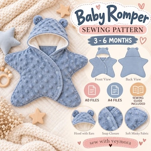 May include: A blue star-shaped baby romper sewing pattern for 3-6 months. The design features a hooded garment with bear ears, a snap closure, and soft minky fabric. Includes A0 and A4 files, a sewing guide, and front and back view illustrations.