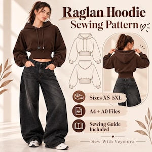 May include: A digital sewing pattern for a dark brown cropped raglan hoodie with a hood, long sleeves, and a wide ribbed hem. The image displays the finished garment, technical line drawings, and text: Raglan Hoodie Sewing Pattern, Sizes XS-5XL, A4 + A0 Files, Sewing Guide Included, Sew With Veymora.
