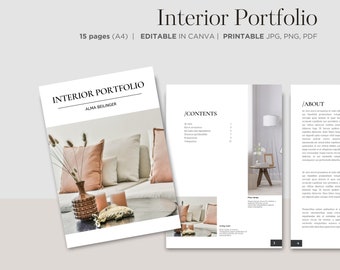 Plantilla de portafolio de diseño de interiores, plantilla de portafolio de diseño de interiores en Canva (libro electrónico, descarga digital)