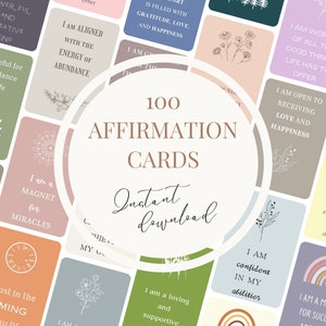 100 tarjetas de afirmación positiva, tarjetas de afirmación imprimibles, plantillas de tarjetas de afirmación editables, tarjetas de afirmación únicas, Canva, JPG, PDF