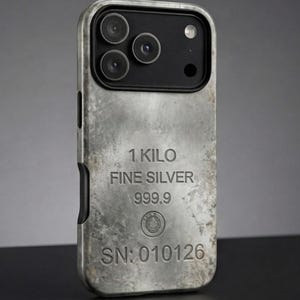 Op de afbeelding: Zilverkleurige telefoonhoes met een getextureerd oppervlak, dat lijkt op een 1 kilo fijne zilveren staaf. De hoes toont de tekst "1 KILO FINE SILVER 999.9" en "SN: 010126". De cameralenzen van de telefoon zijn zichtbaar aan de bovenkant.