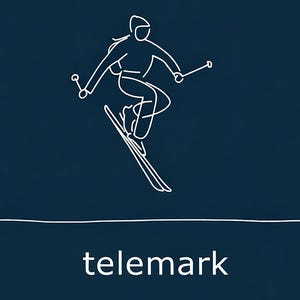 May include: A dark blue graphic featuring a white line art illustration of a skier performing a telemark turn. The skier is depicted in motion with skis and poles. Below the illustration, the word telemark is printed in white lowercase letters.