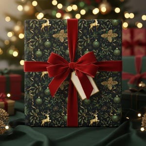Op de afbeelding: Een kerstcadeau verpakt in papier met een patroon van gouden herten, dennenappels en groene ballen. Het cadeau is vastgebonden met een rood fluwelen lint en strik, en een blanco label. Het cadeau ligt op een groene doek, met een vage kerstboom op de achtergrond.