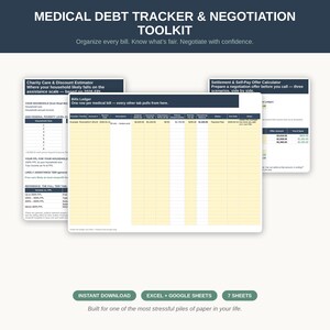 Op de afbeelding: Een digitale toolkit voor het bijhouden en onderhandelen van medische schulden, inclusief een rekenblad voor facturen met kolommen voor aanbieder, servicedatum en saldo, plus een schatter voor liefdadigheidszorg en een calculator.
