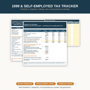 1099 Expense Tracker & Quarterly Tax Estimator, Self Employed Schedule C Spreadsheet, Freelancer Bookkeeping Excel Google Sheets