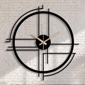 Large Metal Wall Clock, Modern Geometric Art Deco, Silent Black Clock