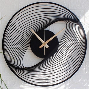Unik spiralväggklocka i metall, modern väggklocka, svart metallväggkonst, stor tyst väggklocka, klockor för väggen, modern heminredning, linjeklocka