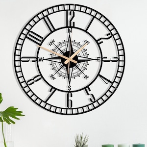 Unique Latin Numeral Compass Metal Wall Clock, Extra Large Wall Clock,Silent Metal Wall Clock, Modern Wall Clock, Black Metal Clock, Horloge