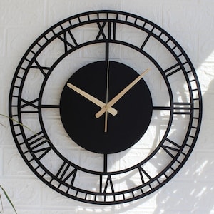 Oversized Metal Wall Clock, Handmade Roman Numeral Silent Clock, Hammered Bronze