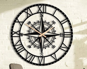 Reloj de pared de metal con brújula con números romanos, reloj extra grande, reloj de pared único, reloj de pared silencioso moderno, decoración de la pared del hogar, nuevo regalo de negocios