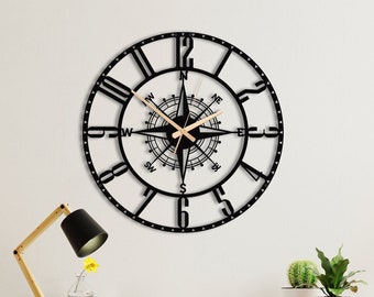 Unique Compass Wall Clock, Large Metal Wall Clock, Silent Wall Clock, Black Wall Clock, Modern Wall Clock, Laser Cut Clock, Metal Wall Decor