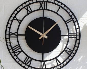 Oversized Metal Wall Clock, Handmade Roman Numeral Silent Clock, Hammered Bronze