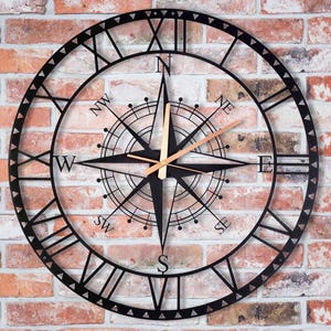 Compass Large Wall Clock,Metal Wall Clock, Unique Wall Clock, Modern Wall Clock,Oversized Silent Wall Clock,Roman Numerals,Rustic Wall Clock