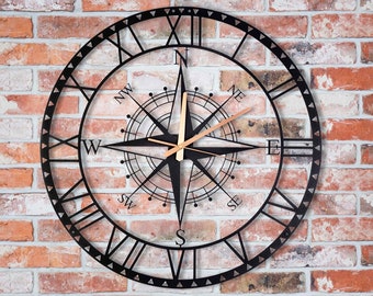 Compass Large Wall Clock, Metal Wall Clock, Unique Circle Wall Clock, Silent Metal Clocks, Roman Numerals Wall Clock, Handmade Home Decor