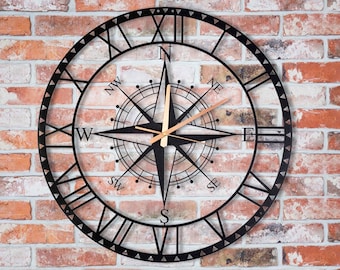 Reloj de pared grande con brújula, reloj de pared de metal, reloj de pared circular único, relojes de metal silenciosos, reloj de pared con números romanos, decoración del hogar hecha a mano