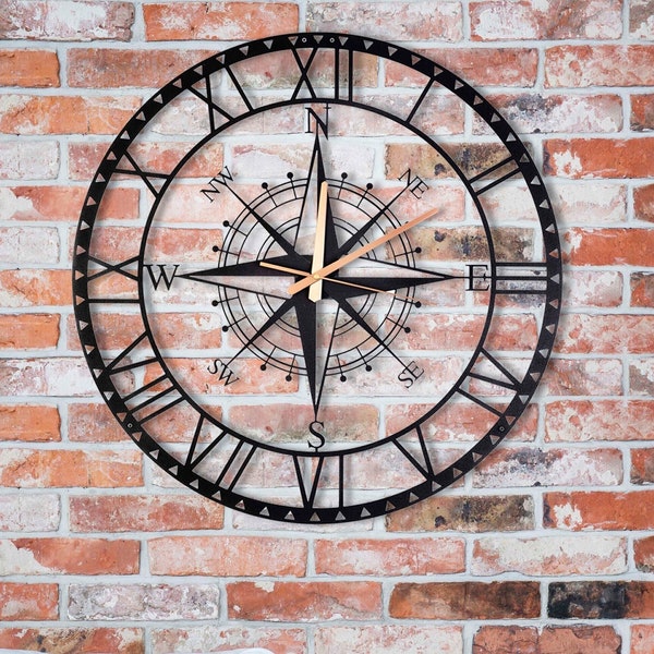 Reloj de pared grande con brújula, reloj de pared de metal, reloj de pared circular único, relojes de metal silenciosos, reloj de pared con números romanos, decoración del hogar hecha a mano