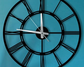 Black Metal Roman Numeral Wall Clock, Housewarming Gift, Minimalist Laser Cut Modern Clock for Living Room or Office Decor, Wanduhr, Horloge