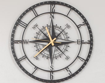 Latin Numeral Compass Wall Clock,Oversized Metal Wall Clock,Modern Silent Clock,Unique Compass Wall Clock, Clock For Wall, Housewarming Gift