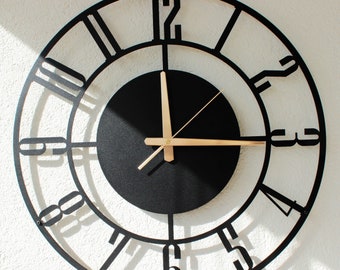 Reloj de pared de metal silencioso con números latinos, relojes de pared únicos, reloj de pared de metal extra grande, reloj de repisa, reloj de metal negro, reloj de pared moderno