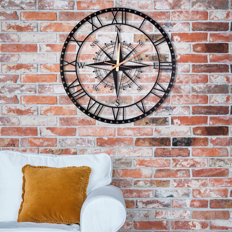 Compass Large Wall Clock, Metal Wall Clock, Unique Circle Wall Clock, Silent Metal Clocks, Roman Numerals Wall Clock, Handmade Home Decor image 1