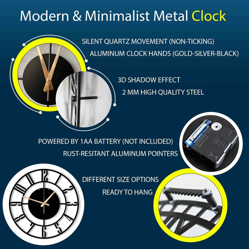 Silent Metal Wall Clock With Latin Numerals,Unique Wall Clocks,Extra Large Metal Wall Clock,Mantel Clock,Black Metal Clock,Modern Wall Clock image 7