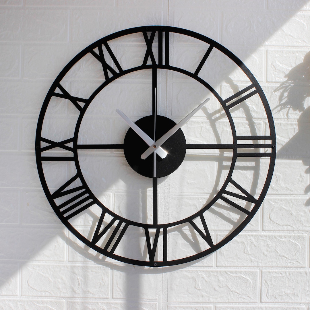 Large Black Metal Wall Clock, Roman Numeral Silent Clock, Oversized ...