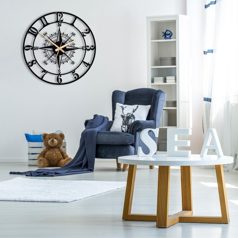 Unique Latin Numeral Compass Metal Wall Clock, Extra Large Modern Silent Metal Wall Clock,Compass Home Decor And Wall Arts,Housewarming Gift image 2