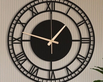 Wall Clock, Oversize Wall Clock, Unique Circle Wall Clock, Silent Metal Extra Large Clocks, Roman Numerals Wall Clock, Handmade Wall Art