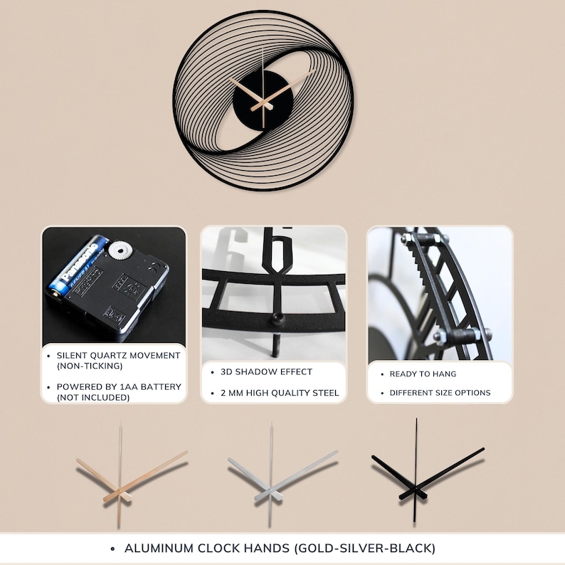 May include: Black and gold modern wall clock with a unique spiral design. Features aluminum clock hands in gold, silver, and black. Includes details on silent quartz movement, 3D shadow effect, and ready-to-hang features.