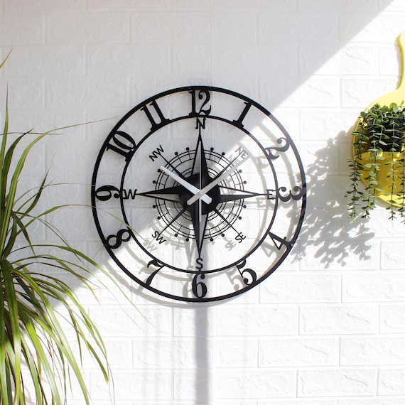 Unique Latin Numeral Compass Metal Wall Clock,Extra Large Clock,Ships Clock,Modern Silent Clock,Compass Clock,Home Decor Clock,New Home Gift