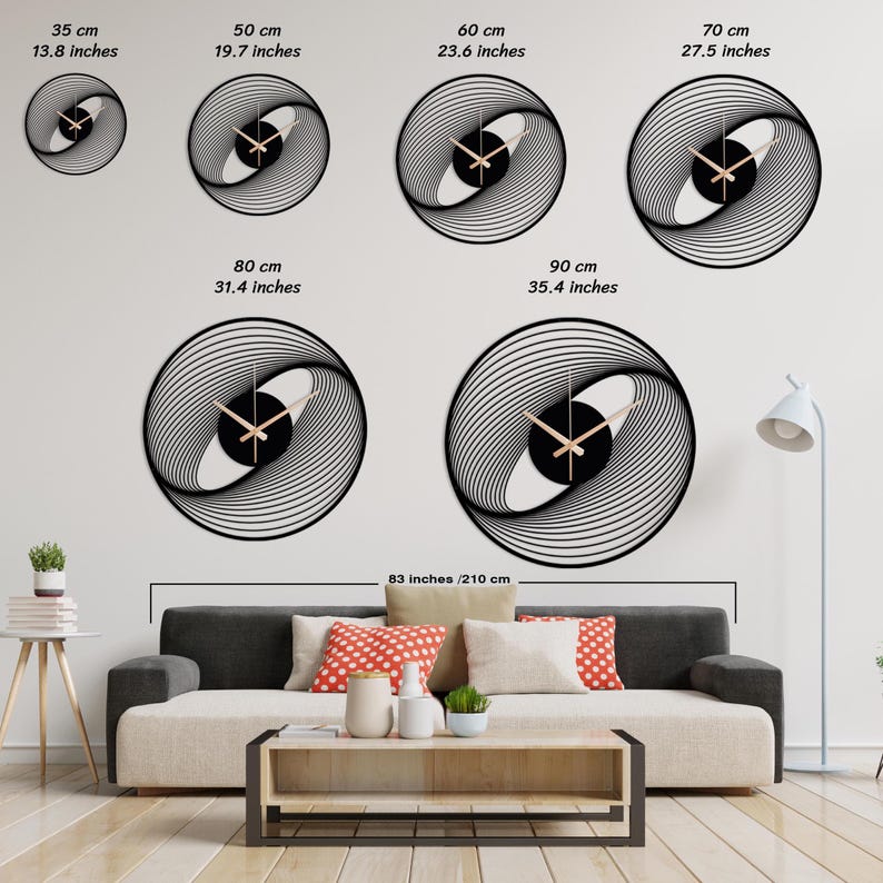 May include: A collection of black and white spiral design wall clocks in various sizes, ranging from 13.8 inches to 35.4 inches in diameter. Each clock features gold-colored hands and a black center, displayed on a white wall.