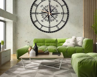 Minimalist Oversized Metal Compass Wall Clock, Silent Nautical Decor, Wanduhr, Horloge