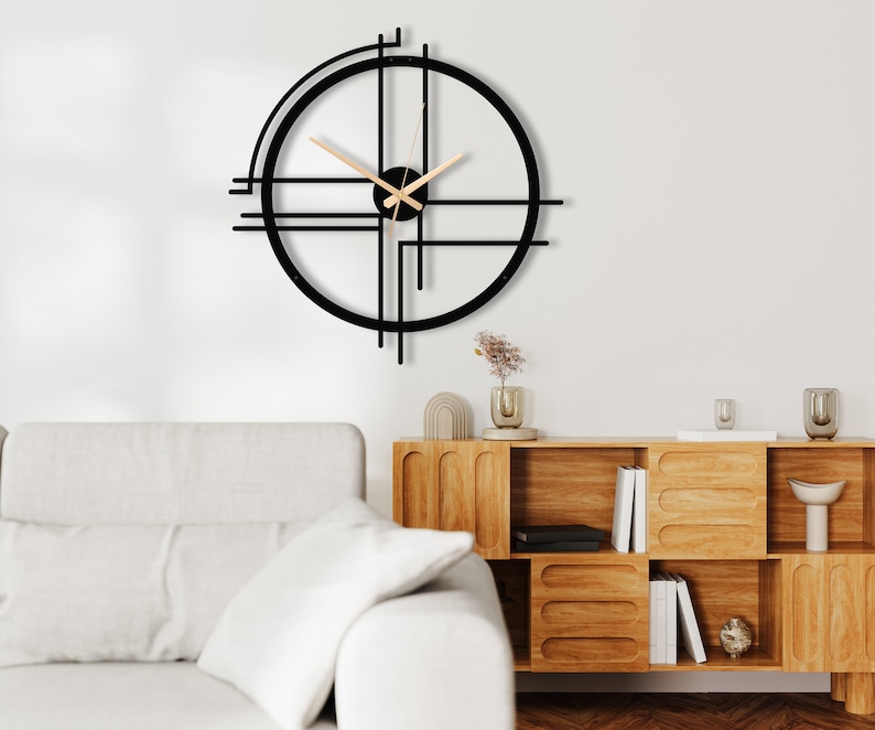 Minimalistisch design metalen wandklok, moderne kunstwandklok, extra grote stille wandklok, uniek huisdecor, handgemaakte klok, housewarming cadeau afbeelding 4