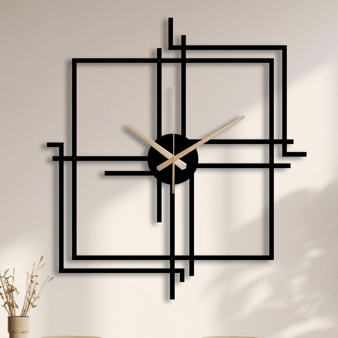 Modern Metal Wall Clock, Minimalist Geometric Black Art, Silent Non ...