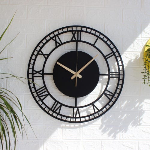 Oversized Metal Wall Clock, Handmade Roman Numeral Silent Clock, Hammered Bronze