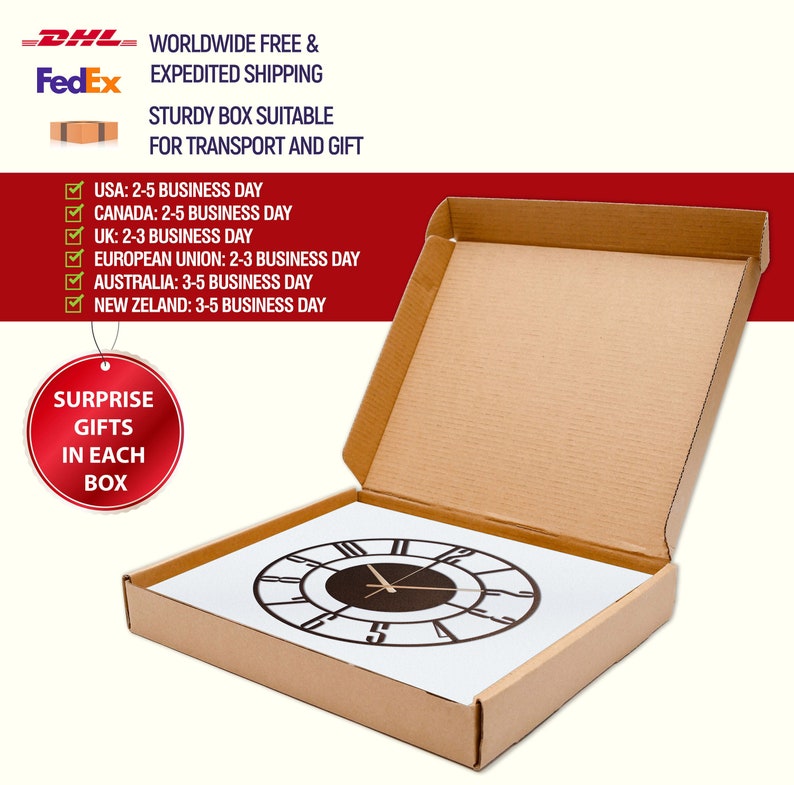 K&ouml;nnte beinhalten: Ein brauner Karton mit wei&szlig;em Innenraum. Die Box ist ge&ouml;ffnet und man sieht ein schwarzes Metall-Zifferblatt mit r&ouml;mischen Ziffern im Inneren. Die Box hat den Text "Surprise Gifts in Each Box" auf einem roten runden Aufkleber. Die Box hat auch den Text "Worldwide Free & Expedited Shipping" und "Sturdy Box Suitable for Transport and Gift" auf der Oberseite.
