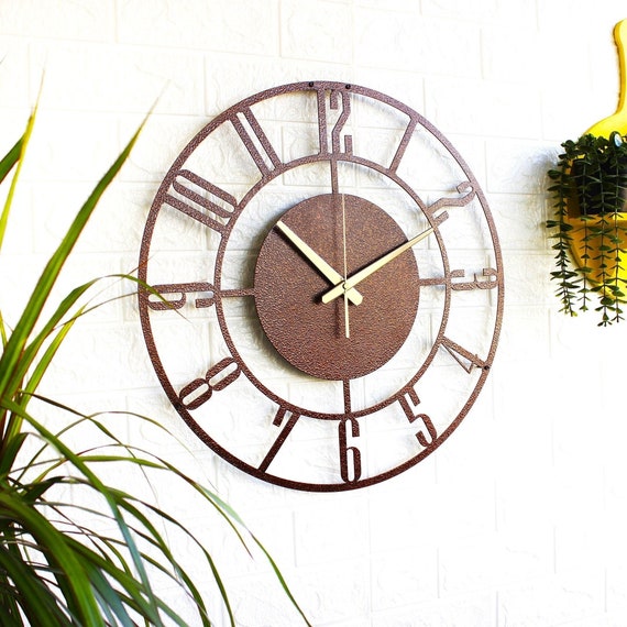 Large Copper Metal Wall Clock, Handmade Art Deco Silent Clock