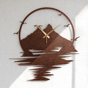 Hammered bronze mountain lake wall clock with silent movement, nature inspired metal wall decor