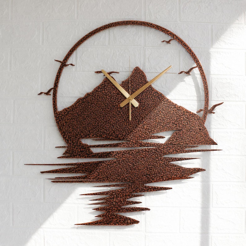 Hammered bronze mountain lake wall clock with silent movement, nature inspired metal wall decor